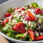 Colorful Spring Mix Salad topped with fresh strawberries and greens