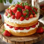 Delicious Strawberry Shortcake Cake with fresh strawberries and whipped cream
