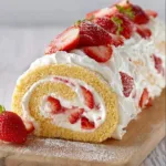 Delicious strawberry shortcake cake roll sliced on a plate with fresh strawberries
