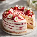 Delicious Strawberry Shortcake Layer Cake garnished with fresh strawberries