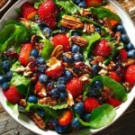 Fresh Strawberry Spinach Salad with nuts and vinaigrette in a bowl