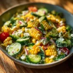 Bowl of street corn creamy cucumber salad with fresh ingredients and vibrant colors.
