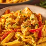 Tex Mex Chicken Fajita Pasta with colorful peppers and grilled chicken