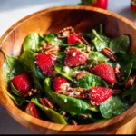 Fresh strawberry spinach salad with nuts and dressing on a white plate