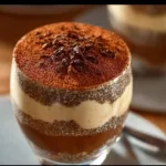 Creamy tiramisu chia pudding garnished with cocoa and coffee