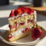 Delicious strawberry shortcake cake with fresh strawberries and whipped cream