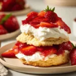 Delicious slice of strawberry shortcake with fresh strawberries and cream on top