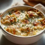 Bowl of creamy white lasagna soup garnished with herbs and cheese