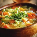 Bowl of wholesome cabbage soup garnished with herbs and vegetables