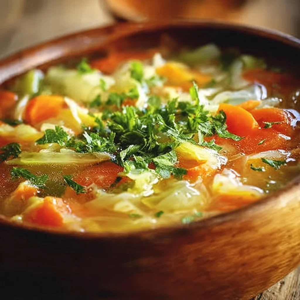 Wholesome Cabbage Soup 5 Bowl of wholesome cabbage soup garnished with herbs and vegetables