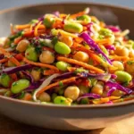 Zesty Chickpea Edamame Salad with fresh vegetables and dressing