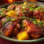 Delicious brown sugar pineapple chicken served on a plate with fresh pineapple slices.