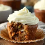 Delicious carrot cupcakes topped with cream cheese frosting and decorated with walnuts.
