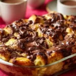 Chocolate croissant breakfast bake fresh from the oven, golden and delectable.