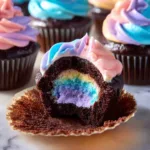 Delicious chocolate cupcakes with rainbow sprinkles on top