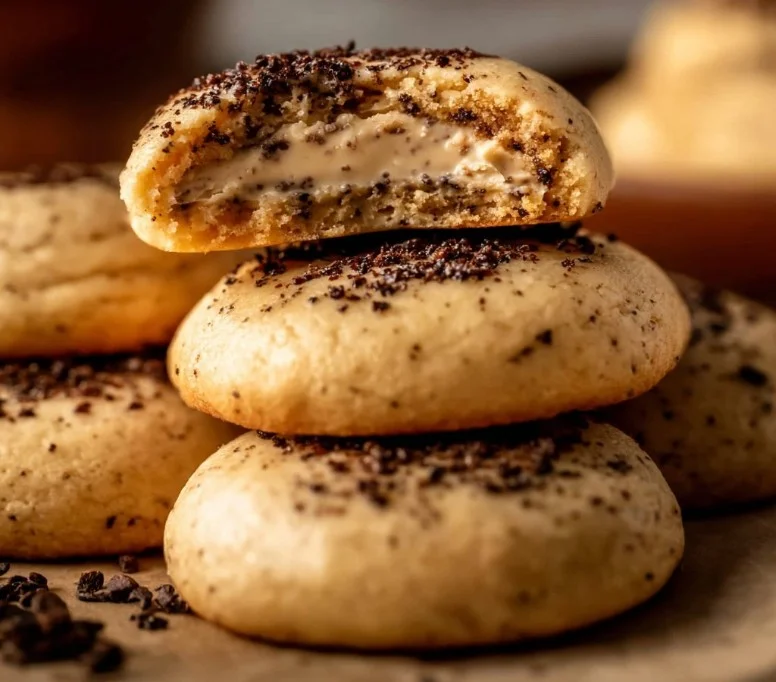 Coffee Cheesecake Cookies 2 Delicious Coffee Cheesecake Cookies topped with coffee-flavored cream.