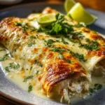 Creamy chicken enchiladas topped with cheese and sauce ready to serve