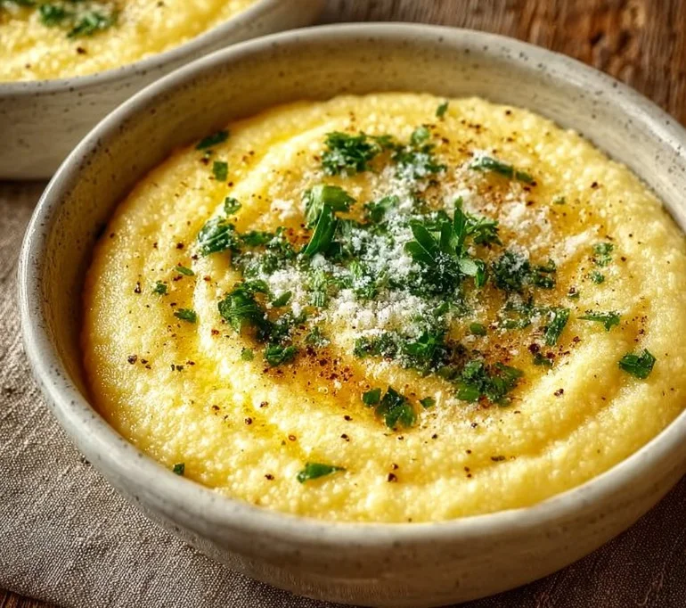 Creamy Parmesan Polenta 3 Creamy Parmesan Polenta served with herbs and cheese