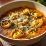 Bowl of creamy tomato tortellini soup garnished with fresh basil