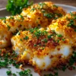 Crispy baked cod fillets served with lemon and herbs