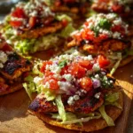 Crispy Grilled Mexican Chicken Tostadas garnished with fresh toppings