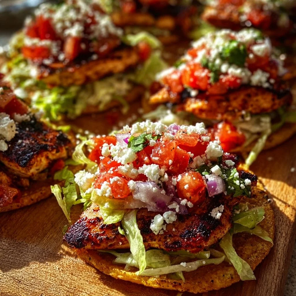 Crispy Grilled Mexican Chicken Tostadas garnished with fresh toppings