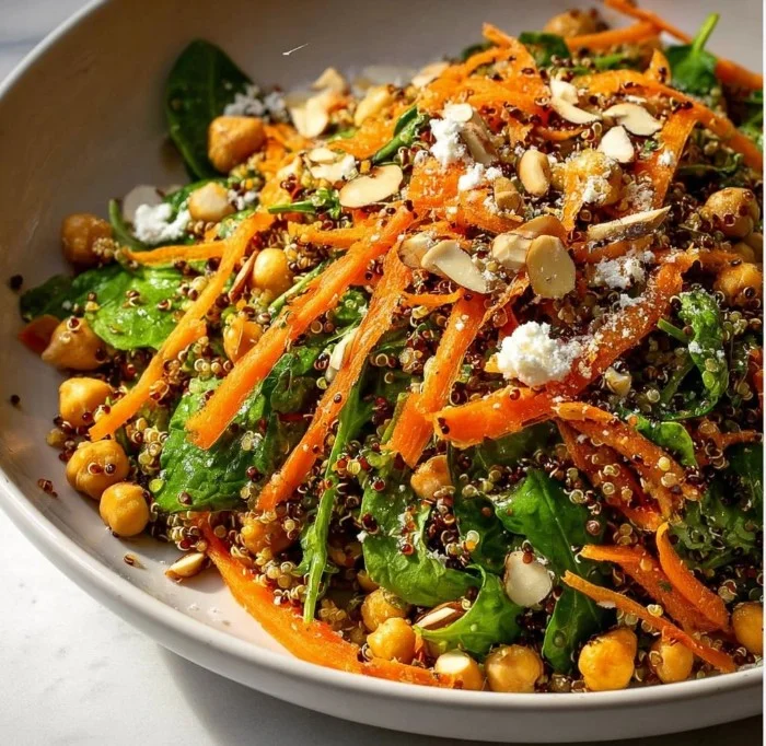 Crispy Quinoa & Carrot Salad 2 Crispy Quinoa & Carrot Salad served in a bowl with fresh ingredients