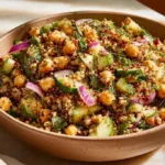 Crispy Quinoa Cucumber Chickpea Salad in a bowl garnished with fresh herbs