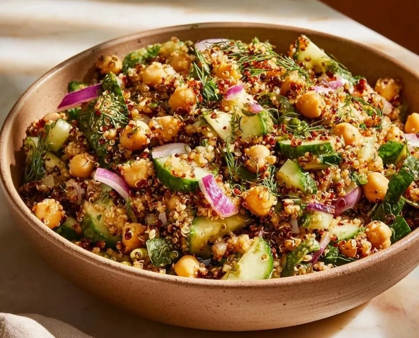 Crispy Quinoa Cucumber Chickpea Salad 1 Crispy Quinoa Cucumber Chickpea Salad in a bowl garnished with fresh herbs