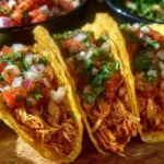 Crockpot chicken tacos served with fresh toppings on a plate.