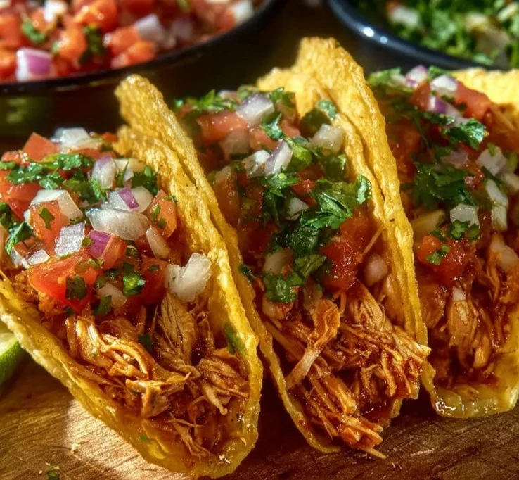 Crockpot Chicken Tacos 6 Crockpot chicken tacos served with fresh toppings on a plate.