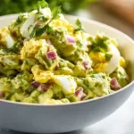 Creamy avocado egg salad in a bowl, garnished with herbs
