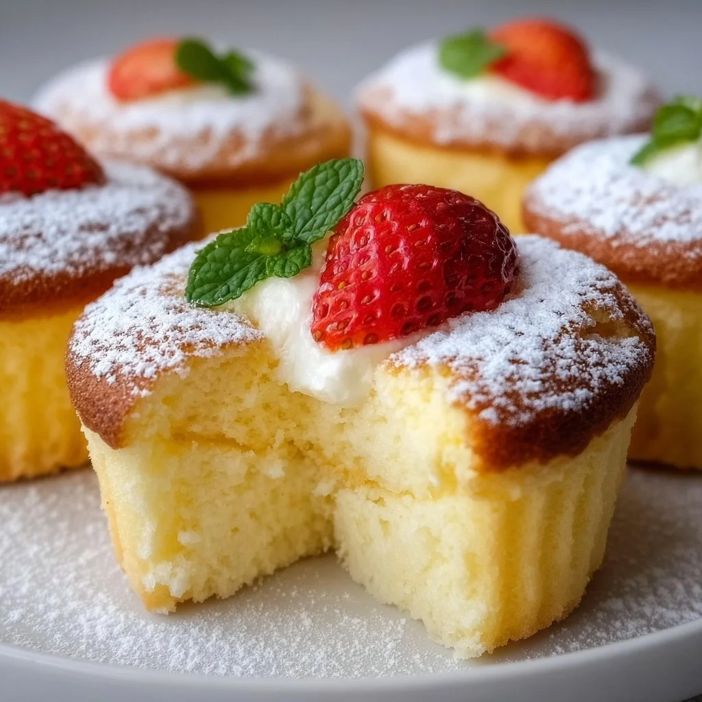 Fluffy Japanese Cotton Cheesecake Cupcakes served on a plate