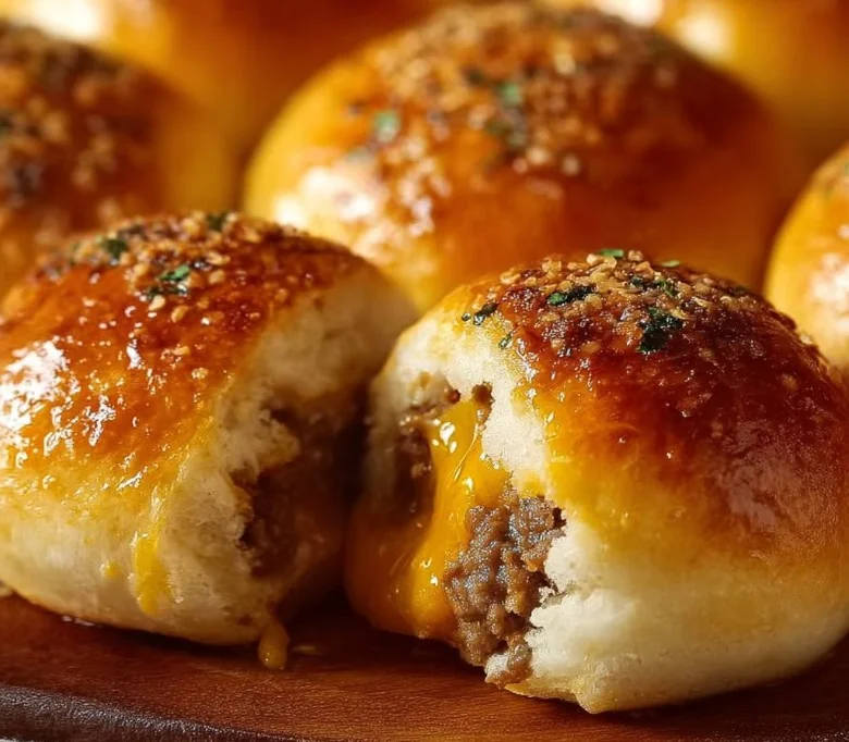 Garlic Parmesan Cheeseburger Bombs 3 Garlic Parmesan Cheeseburger Bombs served on a rustic wooden platter