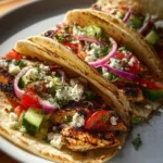 Delicious grilled Mediterranean chicken tacos served with fresh toppings