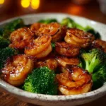 High-protein honey garlic shrimp served on a plate with vibrant vegetables.