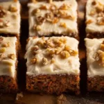 Slice of homemade carrot cake with cream cheese frosting and walnuts on a plate.