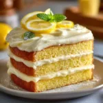 Slice of Italian lemon cream cake with citrus frosting and fresh lemon zest