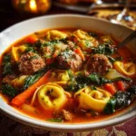 Delicious Italian Sausage Tortellini Soup topped with fresh herbs in a bowl.