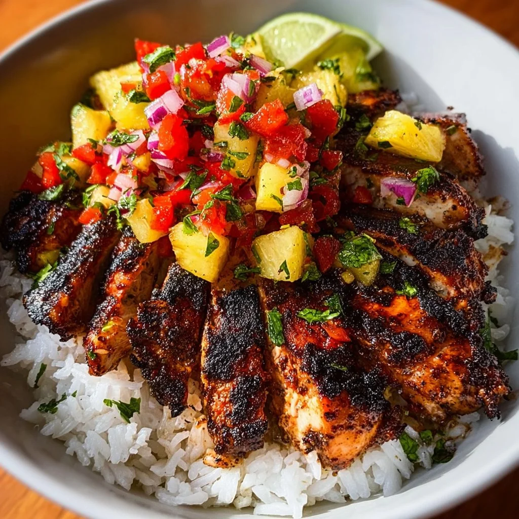 Jerk Chicken Bowl with Pineapple Salsa 1 Jerk chicken bowl garnished with fresh pineapple salsa on a rustic table