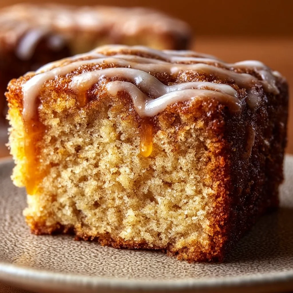 Slice of moist cinnamon coffee cake with a golden topping