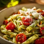Pasta dish with roasted tomatoes garnished with fresh basil.