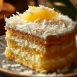 Delicious homemade pineapple cake decorated with frosting and slices of fresh pineapple