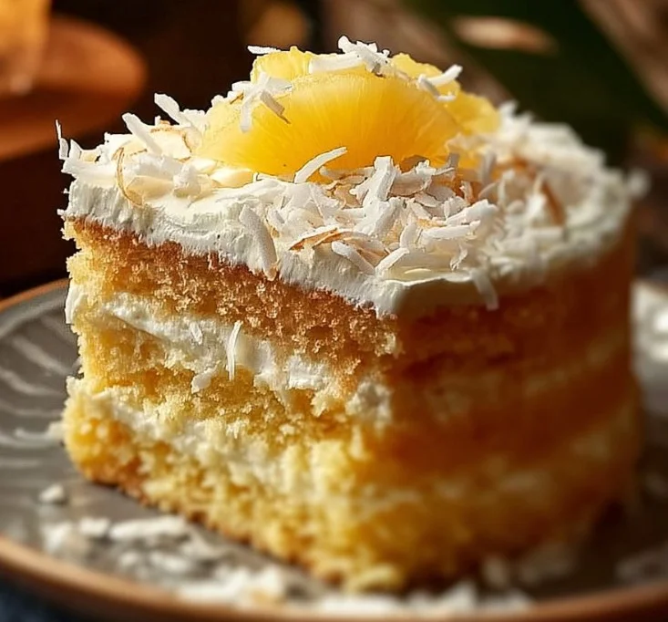 Pineapple Cake 6 Delicious homemade pineapple cake decorated with frosting and slices of fresh pineapple