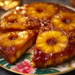 Delicious Pineapple Upside Down Cake served on a white plate with cherries.