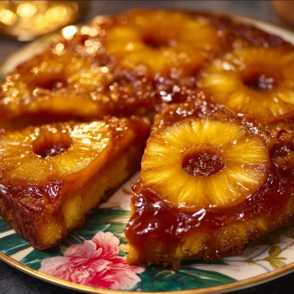 Pineapple Upside Down Cake 1 Delicious Pineapple Upside Down Cake served on a white plate with cherries.