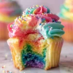 Colorful rainbow cupcakes decorated with frosting and sprinkles