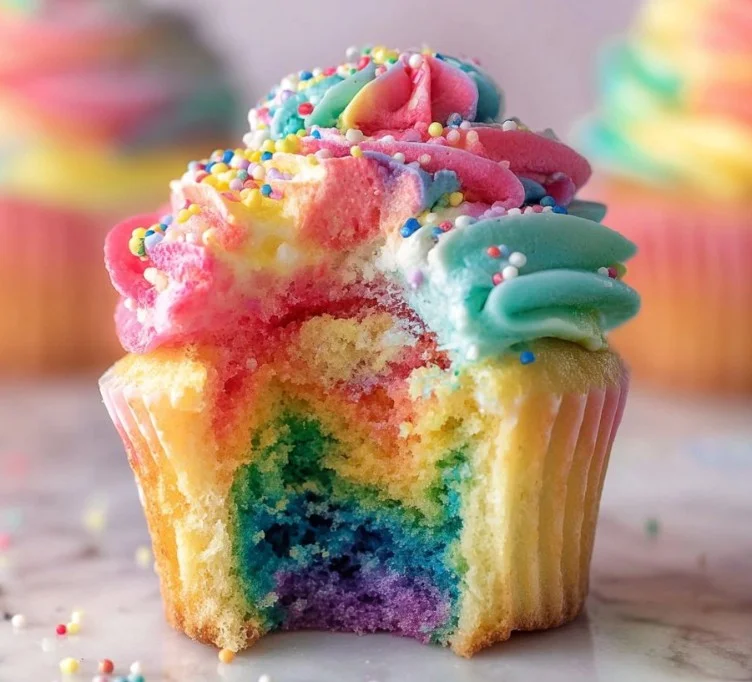 Rainbow Cupcakes 1 Colorful rainbow cupcakes decorated with frosting and sprinkles