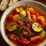 Bowl of roasted veggie soup with colorful vegetables and herbs