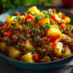 Delicious Slow Cooker Hamburger Hash served in a bowl with fresh herbs.